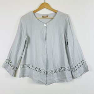 Carla Conti Grey Embroidered Linen Blend 3/4 Sleeve Jacket Top Womens‎ Medium